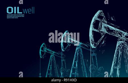 Öl gut Rig juck Low Poly Geschäftskonzept. Finanzen Wirtschaft polygonalen Benzin Produktion. Petroleum Kraftstoffindustrie pumpjack Ladebäumen Pumpen bohren Point Line Verbindung Dots blau Vector Illustration Stock Vektor