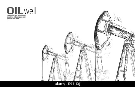 Öl gut Rig juck Low Poly Geschäftskonzept. Finanzen Wirtschaft polygonalen Benzin Produktion. Petroleum Kraftstoffindustrie pumpjack Ladebäumen Pumpen bohren Point Line Verbindung dots Vector Illustration Stock Vektor