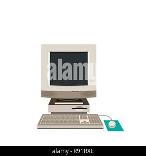 Vector Illustration eines alten Pc mit Monitor und Tastatur Stock Vektor