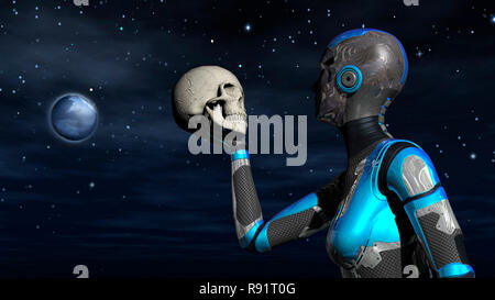 Abbildung: Futuristische weibliche Android im Raum Holding menschlicher Schädel - 3D-Rendering Stockfoto