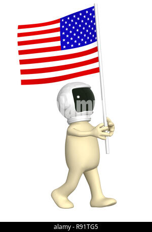 Astronaut mit amerikanischer Flagge. Über weiß Isoliert Stockfoto