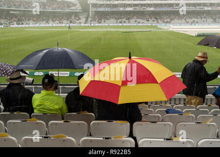 MCC-Regenschirm in den markanten Speck und Ei Farbschema Tierheim Zuschauer aus ein heftiger Platzregen während des England 2018 v Indien Test Match Stockfoto