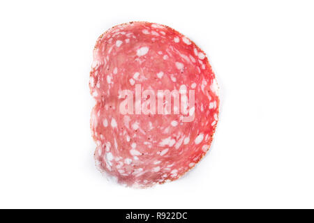 Frische salami Wurst Slice auf weißem Hintergrund Stockfoto