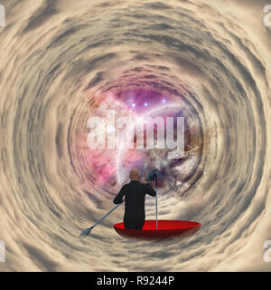 Business Mann in roten Regenschirm im Tunnel der Wolken auf den Raum Stockfoto