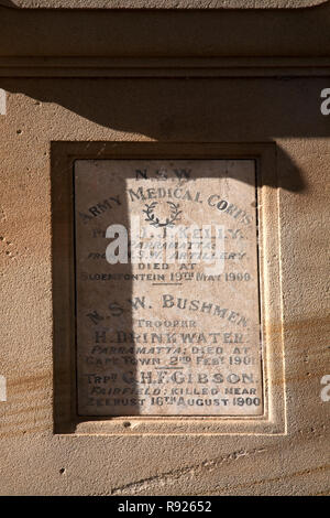 Plakette auf Boer War Memorial Park parramatta Parramatta Sydney New South Wales, Australien Stockfoto