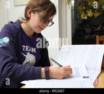 Der 13 Jahre alte Mädchen tun, Schule, Arbeit Surrey, England Stockfoto