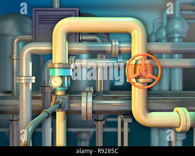 Industrielle Rohrleitungen mit Absperrventil und ein Überwachungs- und Manometer. 3D-Darstellung. Stockfoto