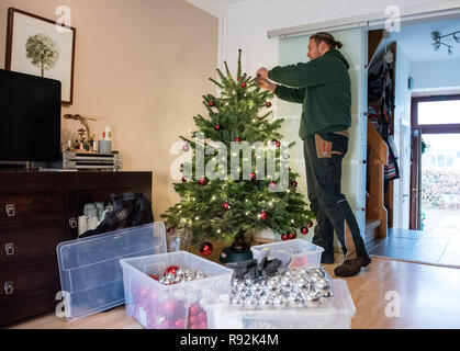 Hamburg, Deutschland. 17 Dez, 2018. Gianni Kunstmann, ein Weihnachtsbaum, Händler, schmückt den Weihnachtsbaum im Wohnzimmer. Weihnachtsbäume im Internet bestellt werden nicht mehr eine Seltenheit in Zeiten von online-shopping. (Dpa' Oh Online Baum - Fertig geschmückten Weihnachtsbaum per Mausklick") Credit: Daniel Bockwoldt/dpa/Alamy leben Nachrichten Stockfoto