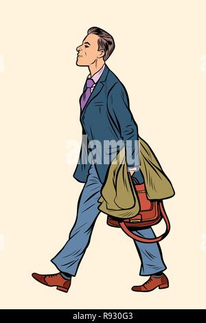 Geschäftsmann wandern, spazieren Sie durch die Stadt. Pop Art retro Vektor illustration Vintage kitsch Stock Vektor