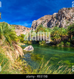 Palm Wald am Strand Preveli, Kreta, Griechenland, Europa. Kreta ist die größte und bevölkerungsreichste der griechischen Inseln. Stockfoto