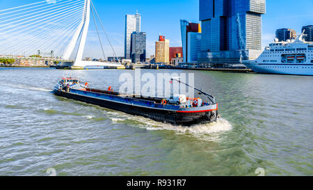 Rhein Schiff auf die Nieuwe Maas mit der Erasmus Brücke und modernen Hochhäusern im Holland Amerikakade Cruise Terminal in Rotterdam, Holland Stockfoto