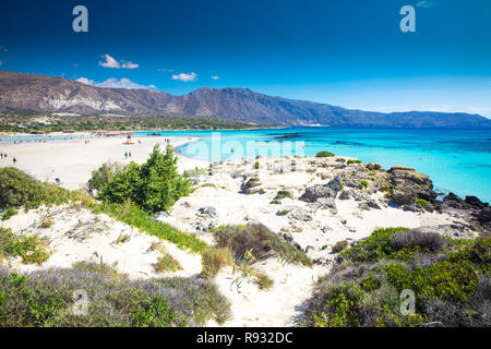 Elafonissi Strand auf der Insel Kreta mit azurblauen Wasser, Griechenland, Europa. Kreta ist die größte und bevölkerungsreichste der griechischen Inseln. Stockfoto