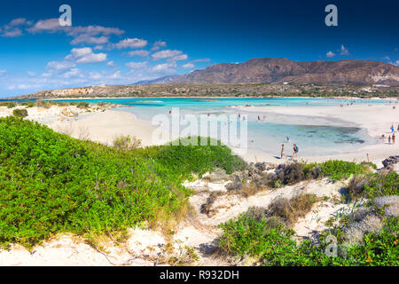 Elafonissi Strand auf der Insel Kreta mit azurblauen Wasser, Griechenland, Europa. Kreta ist die größte und bevölkerungsreichste der griechischen Inseln. Stockfoto