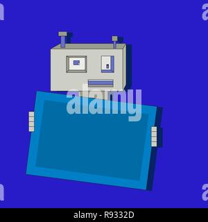 Cute cartoon Flachbild Roboter mit Banner auf blauem Hintergrund, Vorlage für Web und Print Stock Vektor