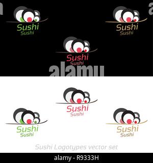 Sushi maki Flachbild Schriftzug für Sie eine Bar und ein Restaurant, kreative asiatische Logo in Grün, Rot und Braun, gut für Web und Print Design Stock Vektor