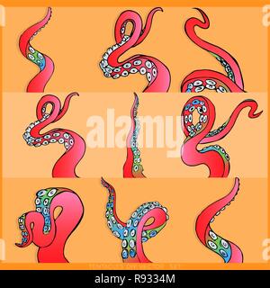Gelb Rosa Satz von tentakeln einer Krake frame, ocean Motiv Flachbild cute Cartoon Illustration für Web und Print, niedliche Dekoration. Stock Vektor