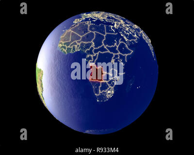 Angola aus dem Weltraum auf dem Modell des Planeten Erde mit den Lichtern der Stadt. Sehr feine Details der Plastic Planet Oberfläche und Städte. 3D-Darstellung. Elemente der t Stockfoto