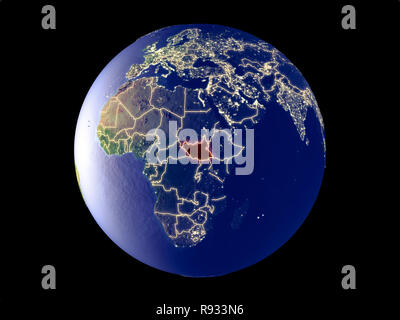 Der Süden des Sudan aus dem Weltraum auf dem Modell des Planeten Erde mit den Lichtern der Stadt. Sehr feine Details der Plastic Planet Oberfläche und Städte. 3D-Darstellung. Elemente Stockfoto