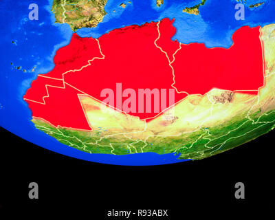 Maghreb von Speicherplatz auf dem Modell des Planeten Erde mit Ländergrenzen. 3D-Darstellung. Elemente dieses Bild von der NASA eingerichtet. Stockfoto