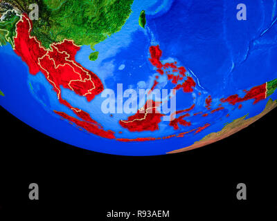 Südostasien aus dem Weltraum auf dem Modell des Planeten Erde mit Ländergrenzen. 3D-Darstellung. Elemente dieses Bild von der NASA eingerichtet. Stockfoto