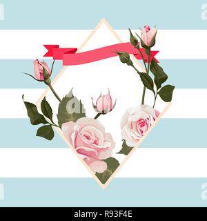 Vektor floral rhombus Form Rahmen mit Rosen auf blau gestreiften Hintergrund Stock Vektor