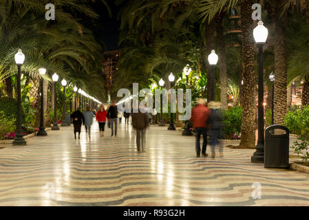 Explanada de España Promenade in der Nacht, die Stadt Alicante, Costa Blanca, Spanien Stockfoto