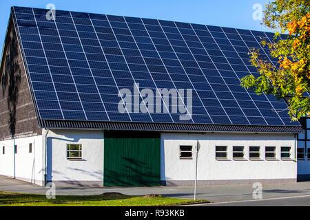 Solarzellen auf dem Dach einer Scheune, auf einem Bauernhof in Niedersorpe, Nordrhein-Westfalen Stockfoto