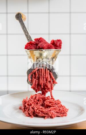 Fleisch - Schleifer, Schleifen frischem Fleisch in Hackfleisch/Faschiertem Stockfoto