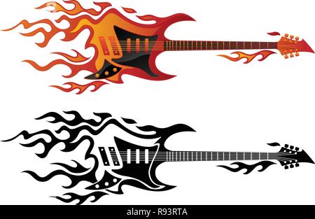 E-Gitarre auf Brand in voller Farbe und schwarze Flammen Vector Illustration Stock Vektor