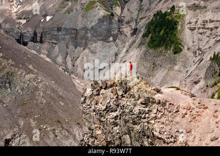 WA 15572-00 ... WASHINGTON - Wanderer steht auf einer Klippe mit Blick auf die Zurückfliehend Kautz Gletscher von Mildred Punkt in Mount Rainier National Park. Stockfoto