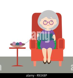 Flaches Design Cartoon Illustration einer alten Frau oder Großmutter. Das Sitzen in einem roten Sessel und trägt einen Pullover. Vektor Stock Vektor