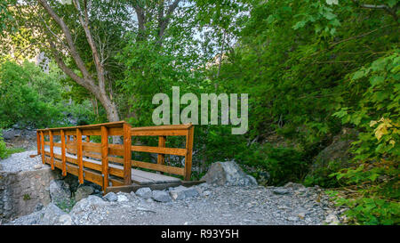 Kurze und schmale hölzerne Brücke in Provo Utah Wald Stockfoto
