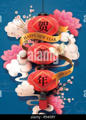 Blau Mondjahr Design mit Frohes neues Jahr Wörter in chinesischen Zeichen auf Laternen, Blumen- und Cloud element Hintergrund Stock Vektor