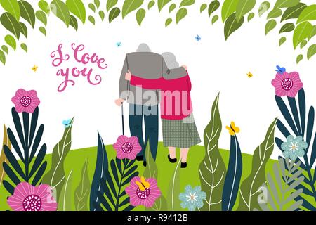 Ich liebe dich Grusskarte mit Senior Paar und Blumen, Flachbild Vector Illustration auf weißem Hintergrund. Stock Vektor