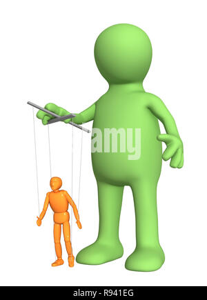 3d-Marionette, die Verwaltung einer kleinen Puppe. Über weiß Isoliert Stockfoto