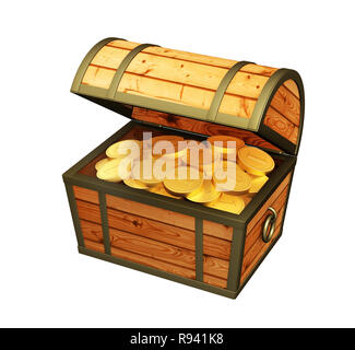 Holzkiste mit Schätzen. Über weiß Isoliert Stockfoto