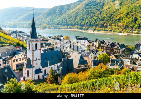 Hony Kreuz Kirche in Assmannshausen, das Obere Mittelrheintal in Deutschland Stockfoto