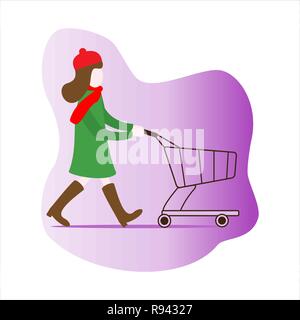 Mädchen mit einem leeren Warenkorb es zum Verkauf angeboten. Shopping Frauen. Großer Verkauf. Angebot. Design Konzept für Banner, Werbematerialien, drucken. Stock Vektor