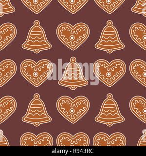 Nahtlose Muster mit Lebkuchen Glocken und Herzen. Urlaub Hintergrund. Design für Banner, Poster-, Textil-, drucken. Stock Vektor