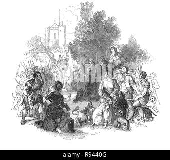 Eine Szene aus Hudibras, einem Englischen satirischen Polemik Geschrieben von Samuel Butler (1613-1680), Dichter und Satiriker, meist gegen Parliamenterians, Roundheads, Puritaner, Presbyterianer und andere Fraktionen in den Englischen Bürgerkrieg beteiligt von 1642-1651. Das Epos erzählt die Geschichte von Sir Hudibras und seines Knappen Ralpho, der von der Ritter Home Fahrt nach Reform, wie sie es nennen, Sünden und, was der Rest der Welt als leichte Unterhaltung. Hier Sir Hudibras Adressen ein Mob, der sich in Bären anfüttern mit Hunden zu frönen. Stockfoto