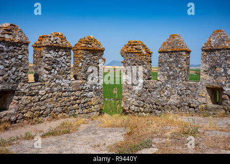 Die verlassenen Stein Aguzaderas Schloss in El Coronil, Spanien, eine Burgruine aus dem 14. Jahrhundert Morrish schloss, ruht in einem Feld mit Sonnenblumen in einer wolkenlosen, Summe Stockfoto