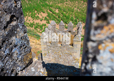 Die verlassenen Stein Aguzaderas Schloss in El Coronil, Spanien, eine Burgruine aus dem 14. Jahrhundert Morrish schloss, ruht in einem Feld mit Sonnenblumen in einer wolkenlosen, Summe Stockfoto