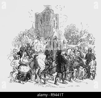 Eine Szene aus Hudibras, einem Englischen satirischen Polemik Geschrieben von Samuel Butler (1613-1680), Dichter und Satiriker, meist gegen Parliamenterians, Roundheads, Puritaner, Presbyterianer und andere Fraktionen in den Englischen Bürgerkrieg beteiligt von 1642-1651. Das Epos erzählt die Geschichte von Sir Hudibras und seines Knappen Ralpho, der von der Ritter Home Fahrt nach Reform, wie sie es nennen, Sünden und, was der Rest der Welt als leichte Unterhaltung. Nach einem Angriff auf die Mob über in Bären baiting Sir Hudibras und Rapho zu frönen sind zu den Beständen vermittelt.. Stockfoto