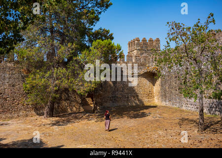 Die verlassenen Stein Aguzaderas Schloss in El Coronil, Spanien, eine Burgruine aus dem 14. Jahrhundert Morrish schloss, ruht in einem Feld mit Sonnenblumen in einer wolkenlosen, Summe Stockfoto