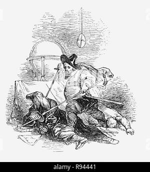 Eine Szene aus Hudibras, einem Englischen satirischen Polemik Geschrieben von Samuel Butler (1613-1680), Dichter und Satiriker, meist gegen Parliamenterians und andere Fraktionen in den Englischen Bürgerkrieg beteiligt von 1642-1651. Das Epos erzählt die Geschichte von Sir Hudibras und seines Squire, Ralpho, die Fahrt nach Reform, wie sie es nennen, Sünden und, was der Rest der Welt als leichte Unterhaltung. Sir Hudibras Besuch der Astrologe, Sidrophel, ihn zu fragen, wie er die Woo die Witwe, besucht er ein Astrologe, Sidrophel, ihn zu fragen, wie er die Woo die Witwe aber Sie erhalten in ein Argument, was in einem Kampf. Stockfoto