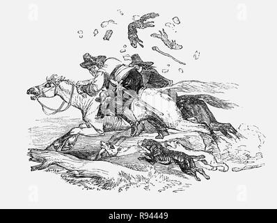 Eine Szene aus Hudibras, einem Englischen satirischen Polemik Geschrieben von Samuel Butler (1613-1680), Dichter und Satiriker, meist gegen Parliamenterians und andere Fraktionen in den Englischen Bürgerkrieg beteiligt von 1642-1651. Das Epos erzählt die Geschichte von Sir Hudibras und seines Squire, Ralpho, die Fahrt nach Reform, wie sie es nennen, Sünden und, was der Rest der Welt als leichte Unterhaltung. Sir Hudibras Besuche der Astrologe, Sidrophel, ihn zu fragen, wie er die Woo die Witwe, aber Sie in einen Kampf. Hudibras und Ralpho squire Fahrt aus Glauben, sie getötet Sidrophel Stockfoto