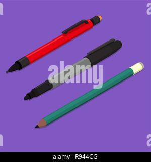 Set bleistift Kunststoff-, Holz-, Marker. Büro Objekte in isometrischer Stil. Schreiben von Objekten mit Radiergummi. 3d. Vector Illustration. Stock Vektor