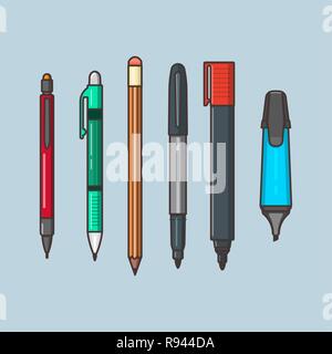 Ein Vektor des Schreiben von Objekten. Bleistifte mit Radiergummi, ein Kugelschreiber, Marker in linearen Flat Style. Büro- und Schulbedarf auf dem blauen isoliert backgro Stock Vektor