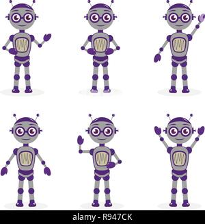 Cartoon Roboter Maskottchen Satz von Objekten im flachen Stil. Roboter Charakter Kollektion. Auf weissem Hintergrund. Vector Illustration. Stock Vektor