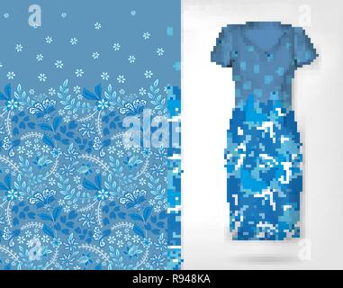 Süße Muster in kleinen, einfachen Blüten. Nahtlose Hintergrund und nahtlose Grenze auf verschiedenen Ebenen. Ein Beispiel für das Muster der Kleid Mock up. Vector Illustration. Blau Stock Vektor